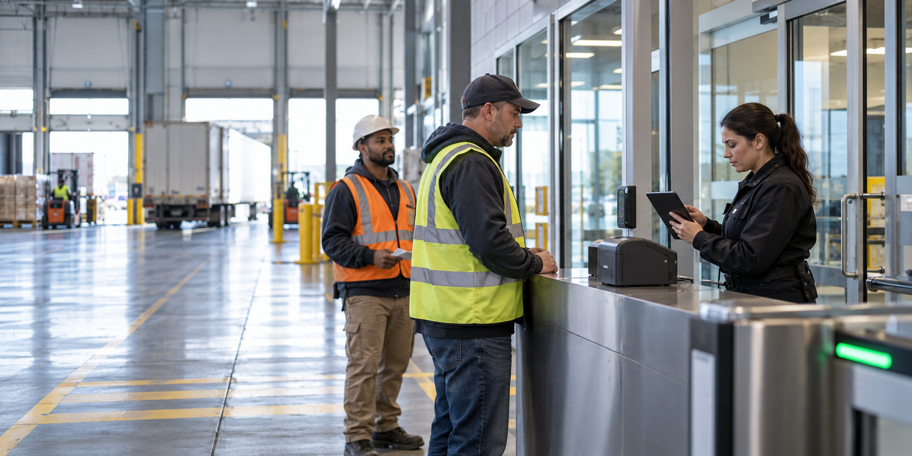 Warehouse visitor management check-in for delivery drivers and contractors at a distribution center